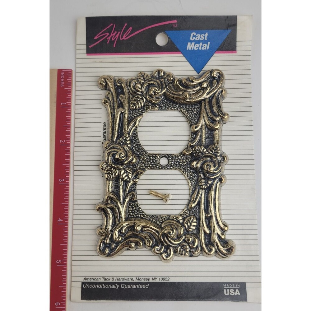 Vintage Amer Tack Switch Plate Double Outlet Cover Gold Ornate
